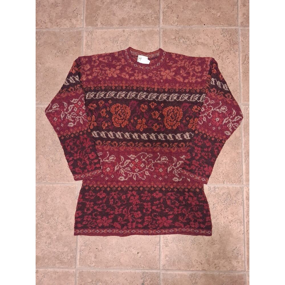 Vintage Laura Ashley Wool Floral Sweater Women Small Fair Isle Pullover Long 90s